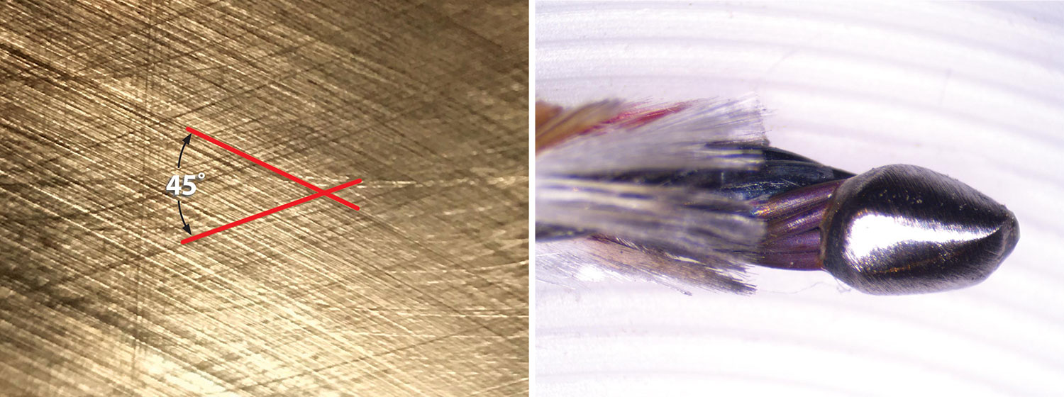 (Left) This close-up view of the cross-hatching pattern on a VW cylinder (disassembled) was taken with a smartphone with a clip-on lens. (Right) A close-up of the end of a thermocouple sensor.