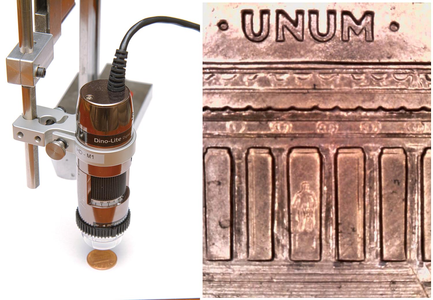 Dino-Lite USB digital microscopes start at $99 (stand not included). Getting a sharp image requires some sort of stand to hold the camera steady, and as this close-up of a penny demonstrates, the exposure, resolution, and focus controls deliver excellent results.